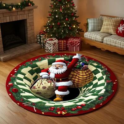 3D Merry Christmas Rug Round Christmas Rug Golden Holiday Pattern Carpet Black Festive Floor Carpet Trees Candy Cane Design Rug