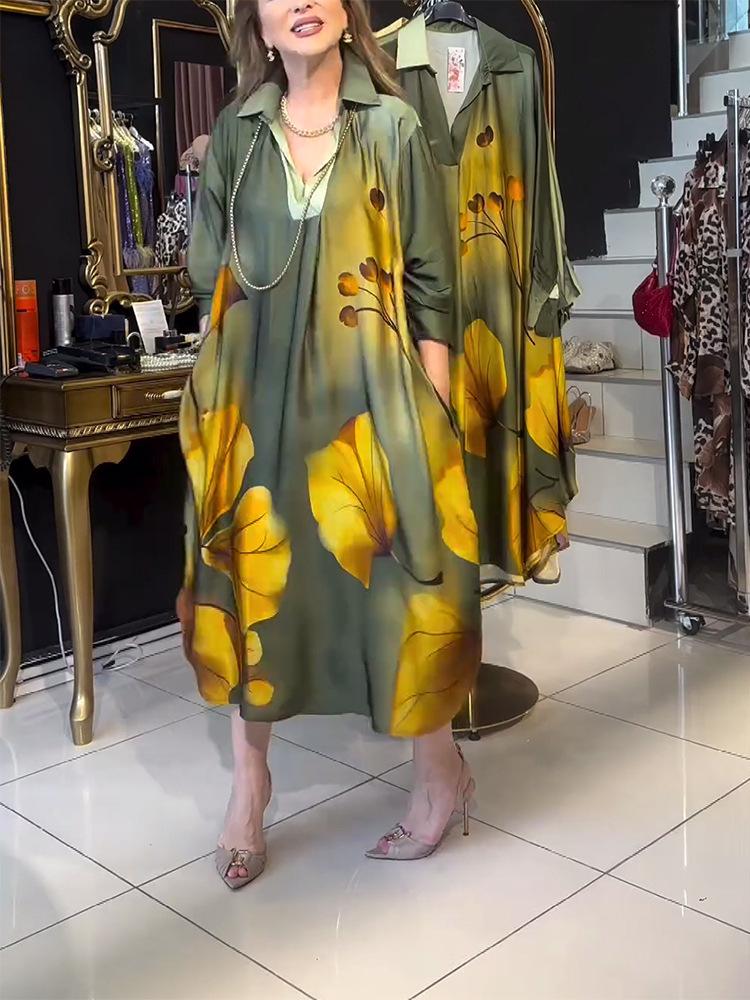 2024 Autumn European & American Print Long Sleeve Turn-Down Collar Loose Dress for Women