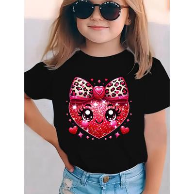 Europäische Größen Mädchen Rosa Leopardenmuster mit Schleife und Herz Lässiges Kurzarm-T-Shirt für den Sommer Rundhalsausschnitt Leichter Stretchstoff