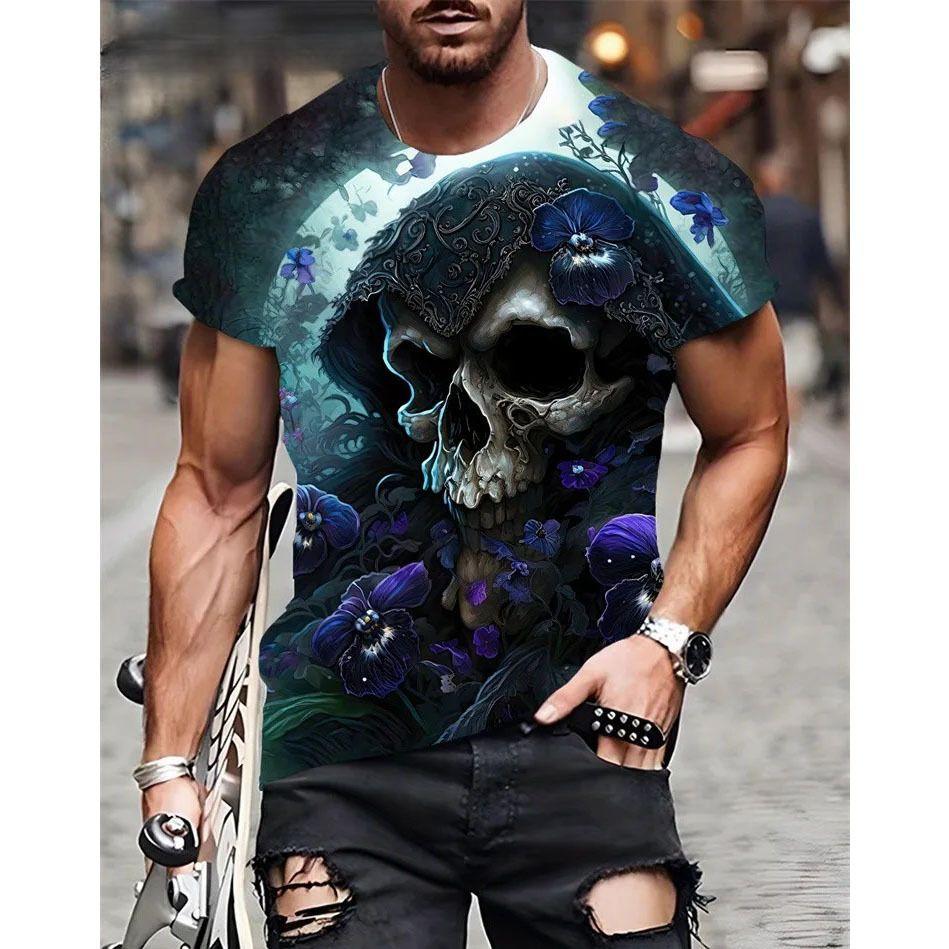 Death Skull Personalized 3D Printed T-shirt Summer New Men's Round Neck Short Sleeve European and American Trendy Large Size
