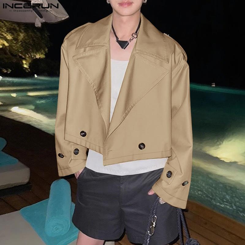 INCERUN Ovesized Men Lapel Neck Long Sleeve Buttons Up Short Windbreaker Coats