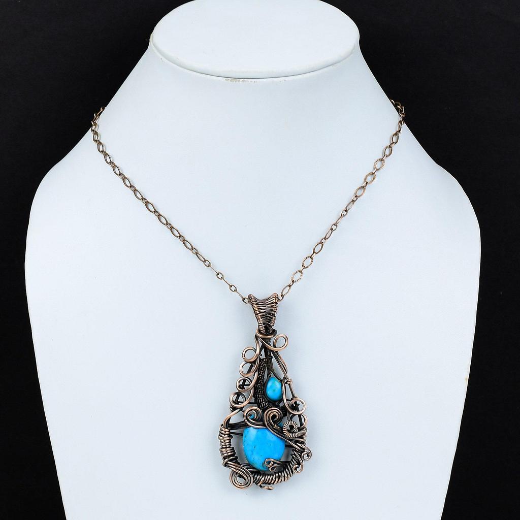 Arizona Turquoise Gemstone Pendant, 999 Copper Wire Wrapped Pendant Jewelry, Handmade Antique Jewelry Gift For Mother