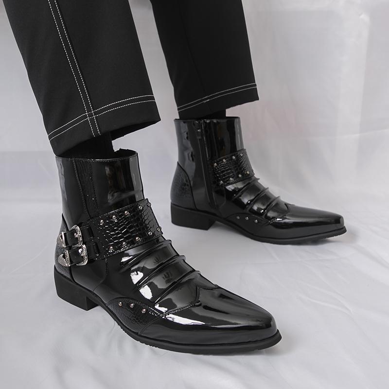 Men High Top Boots Pu Low Heel Pointed Fashion Hairstylist Banquet Men Boots