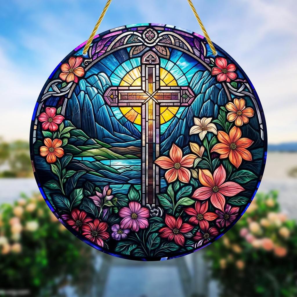 Yafuidil Acrylic Hanging - 1Pcs Wreath Cross Theme Round Stained Acrylic Hanging Ornament Window Hanging for Indoor Outdoor Decor, Garden Decoration