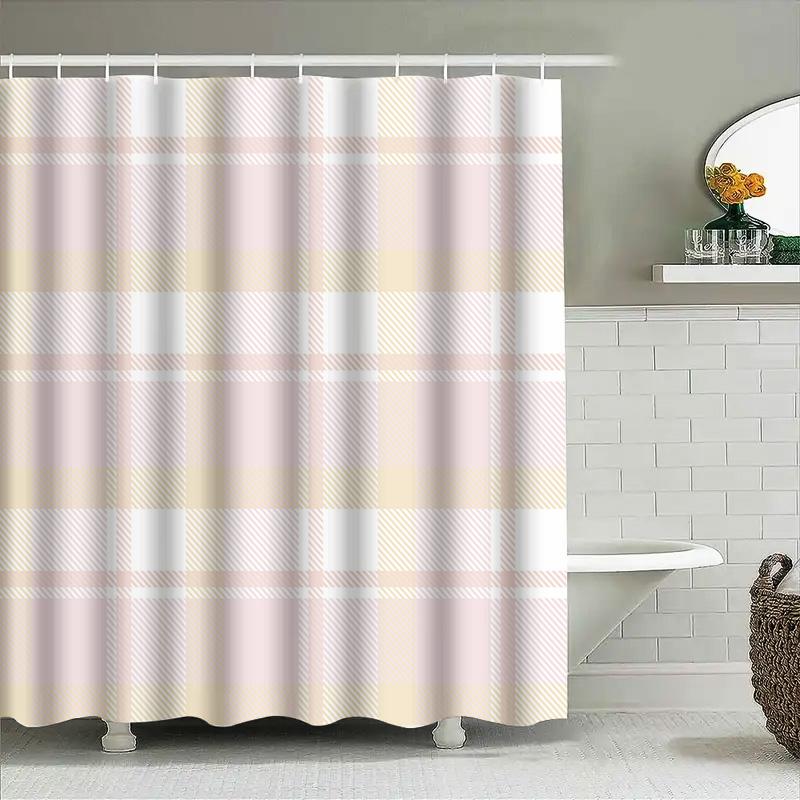 Plaid Bath Shower Curtain Waterproof Washable Home Decor For Bathtub Kids Bathroom 180X180Cm Pink Yellow White Checkered Print M