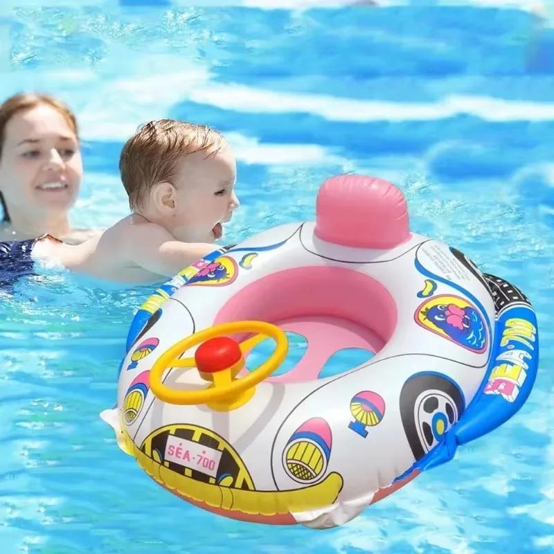 Summer Inflatable Toy Swimming Ring Racing Police Car Pattern Float Seat with Steering Wheel for Baby Pool Inflatable Water Toy
