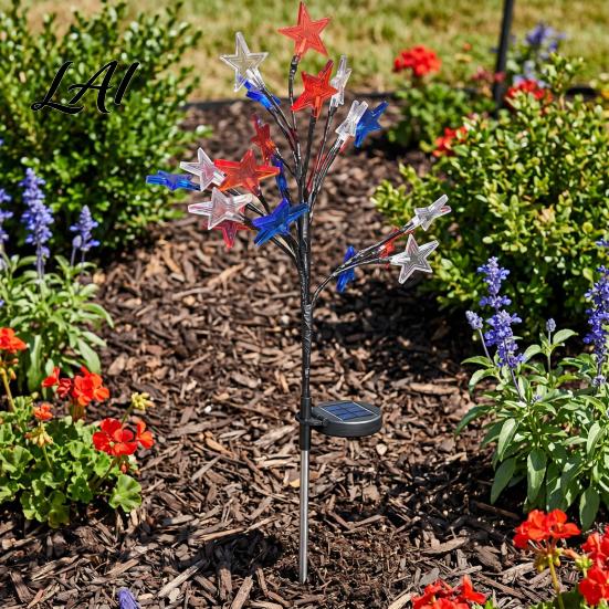 Independence Day Yard Decorations 4th of July Solar Garden Lights Red White Blue Star Outdoor Summer Party Lighting String Waterproof Flexible