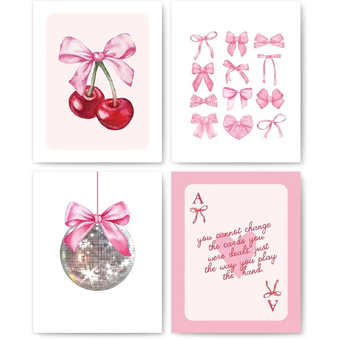 okaxscm Pink Coquette Bow Trendy Preppy Wall Art Prints Set of 4, Coquette Room Decor, Preppy Room Dorm Decor Aesthetic, Pink Bow Cherry Disco Ball