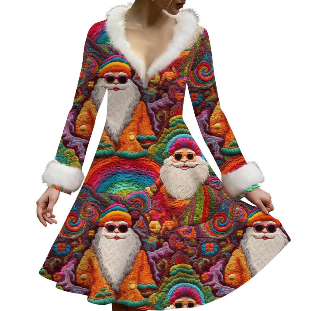 Women's Casual V-neck Christmas Print Plush Long-Sleeve Casual Dress