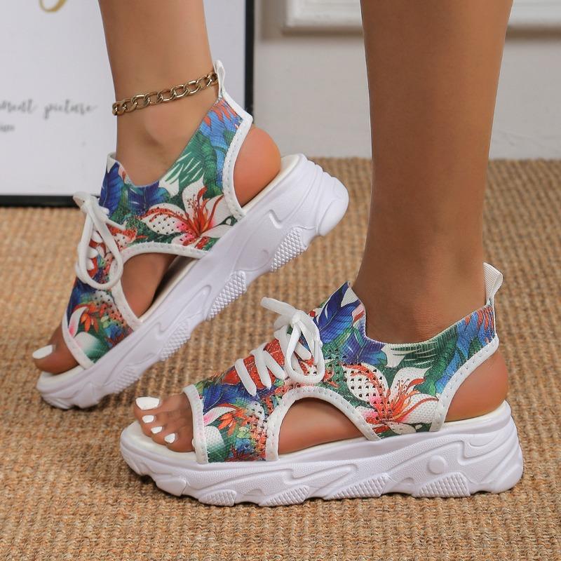 New Mesh Fly-woven Color Front Lace-up Fish Mouth Hollow Platform Sandals Casual Sandals