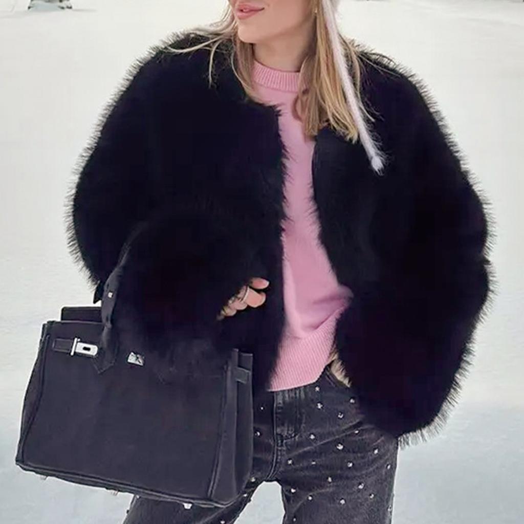 Women's Fashionable Warm Long Sleeve Solid-Color Furry Coat