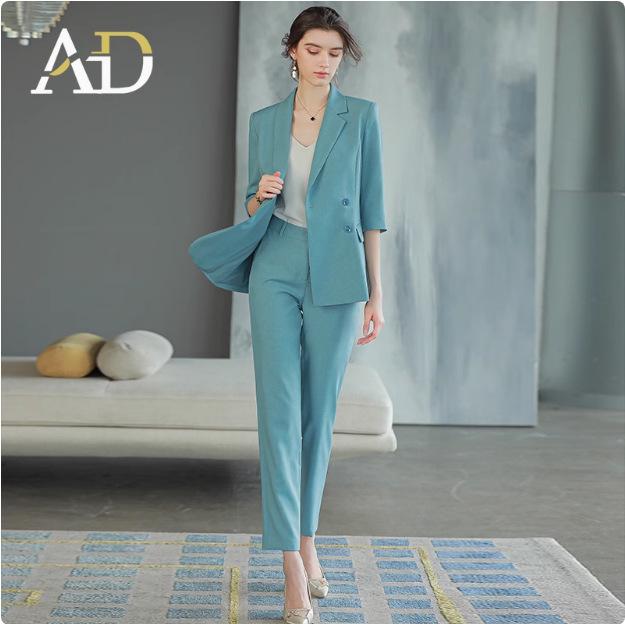 Siebenärmiger Meerblauer Damen Hosenanzug - Temperamentvoller Göttinnen-Stil Zweireihige Arbeitskleidung