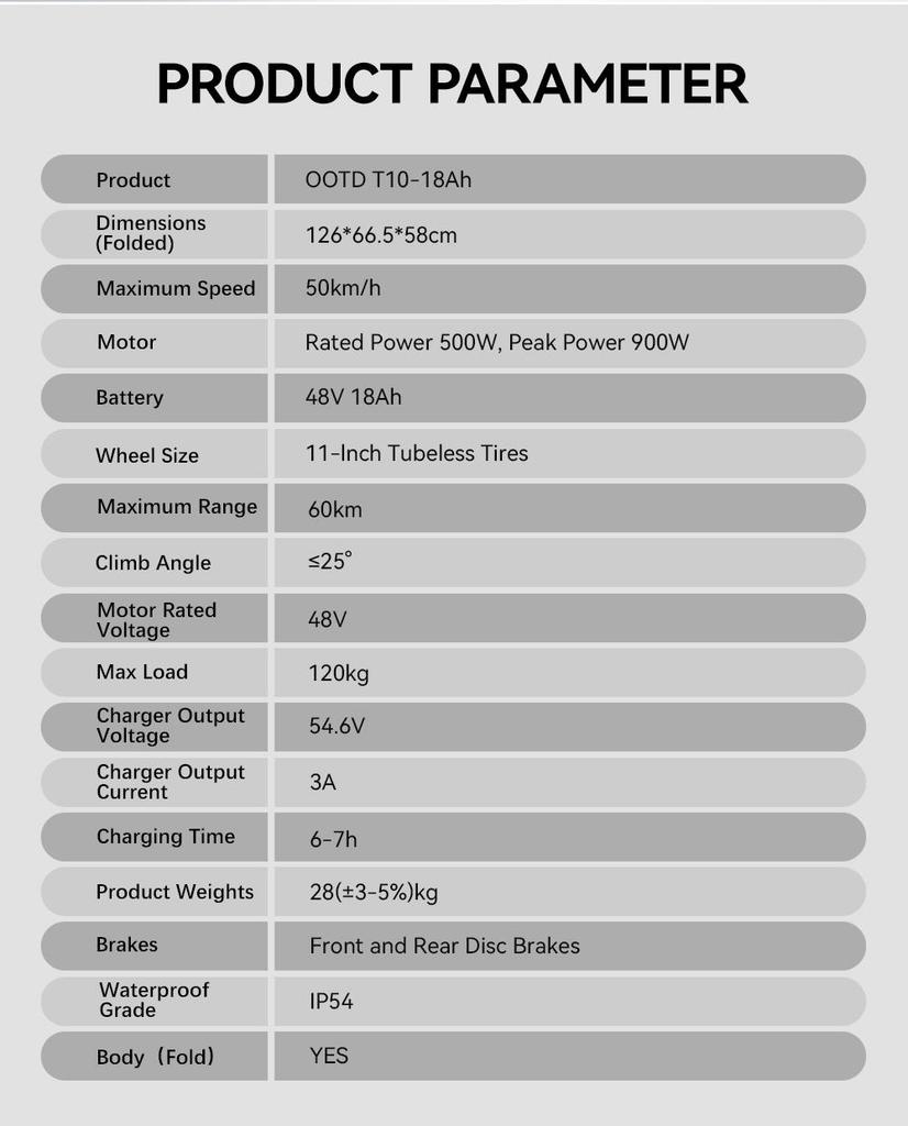 Elektroroller Faltbar OOTD T10 50km/h Höchstgeschwindigkeit City Elektroroller 48V 18AH 60km Reichweite Last 120kg Neu