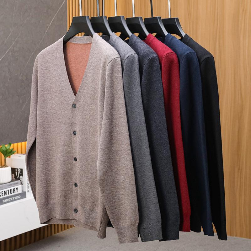 Men's Thick Wool Deep V-Neck Cardigan for Autumn/Winter - Double-Sided Style for Middle-Aged and Elderly