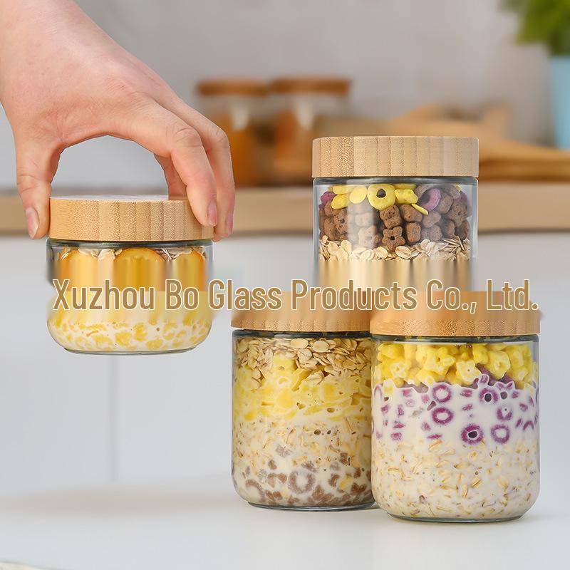 Large Glass Storage Jar with Bamboo Lid, Cereal & Yogurt Container, Sealed Oatmeal Cup