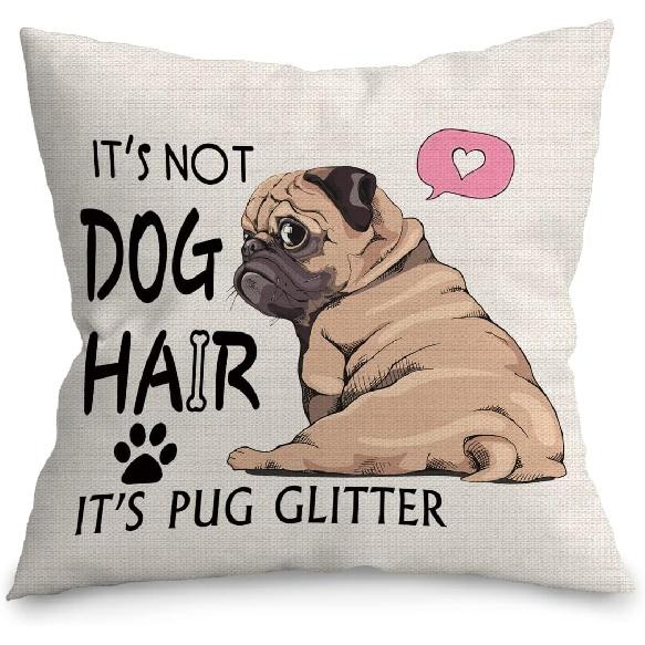 UINHMOP It's Not Dog Hair It's Pug Glitter 18x18in Throw Pillow Cover,Funny Pug Dog Decor Decorations for Home Bedroom Living Room Girls Room,Gifts