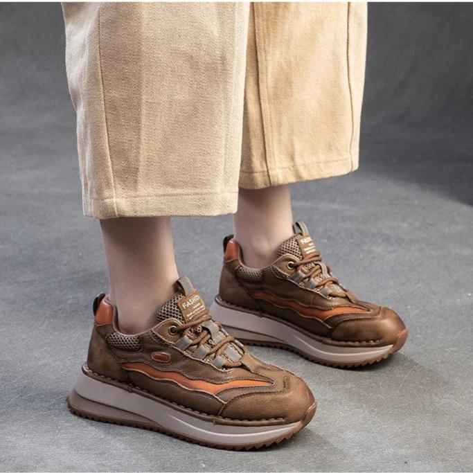 Johnature Thick Soled Mixed Colors Retro Genuine Leather Splicing Breathable Mesh Casual Sports Women's Shoes