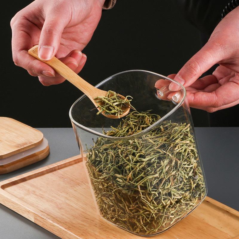 Japanese Airtight Square Glass Jar with Spoon for Kitchen - Perfect for Storing Grains, Dried Fruits, and Coffee Beans.