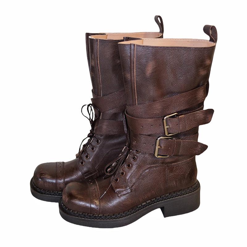 Cowhide Edition Belt Buckle Boots Strap Knight Boots Women's Coarse Heel Coarse Heel Western Boots Medium Boots Martin Boots Motorcycle Boots