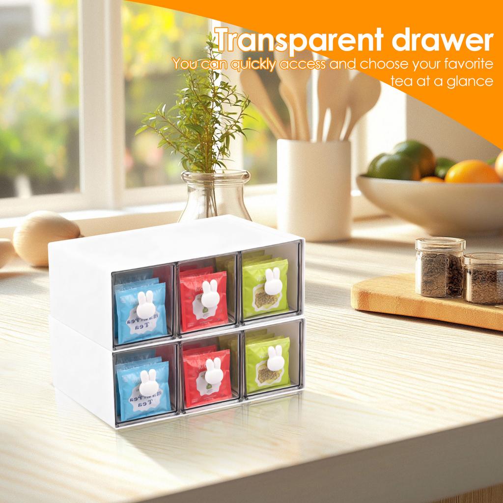 Tea Bag Holder Plastic Tea Box with 3 Drawers Stackable Tea Bag Organizer for Countertop Holds Sugar Packets Tea Storage Box