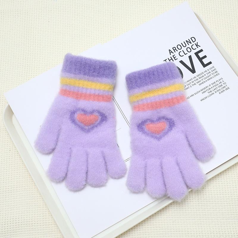 Girls' Winter Cherry Heart Gloves - Cute, Warm, Cold-Proof Five-Finger Gloves for Kids.