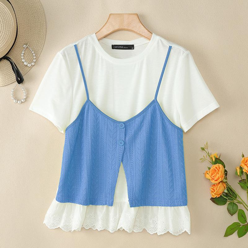 ZANZEA Womens Summer Round Neck Patchwork Short Sleeve T-shirts