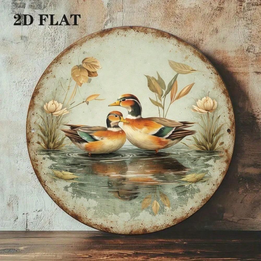 1pc 8x8in Retro Mandarin Duck Sign, Cute Waterfowl 2D Flat Round Plaque, Farmhouse Decor for Living Room Bedroom, Unique Home