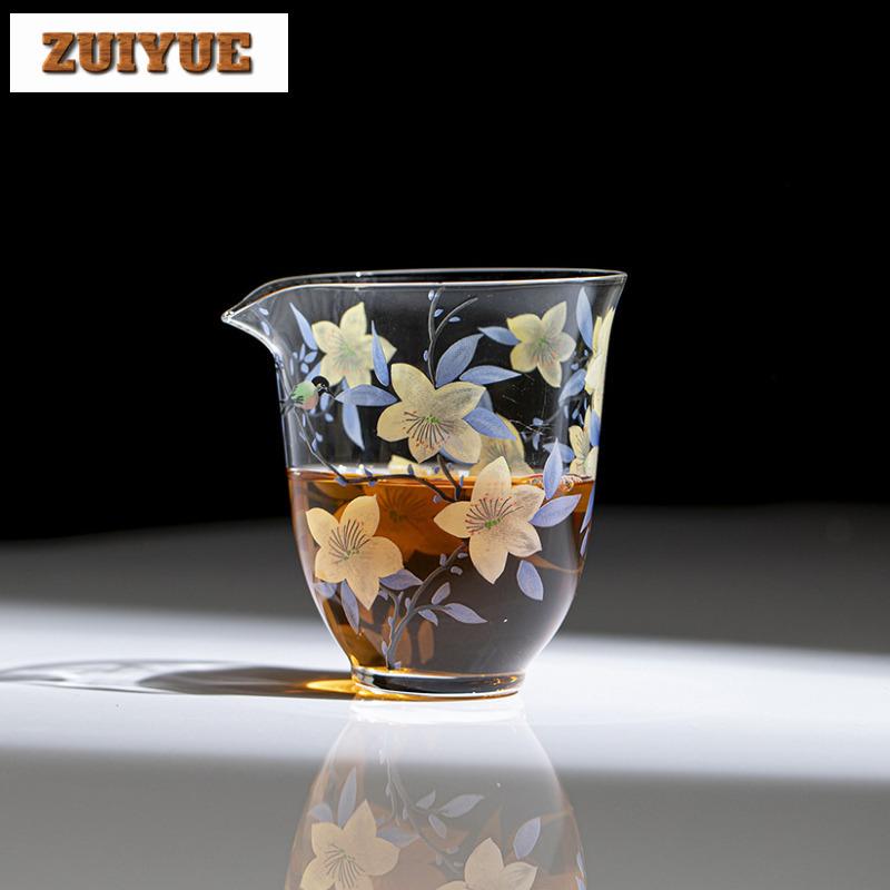 250ml Hand Painted Lily Glass Tea Pitcher Pour Tea Fair Cup Cha Hai Dispenser Household Justice Cup Fair Mug Teaware Supplies