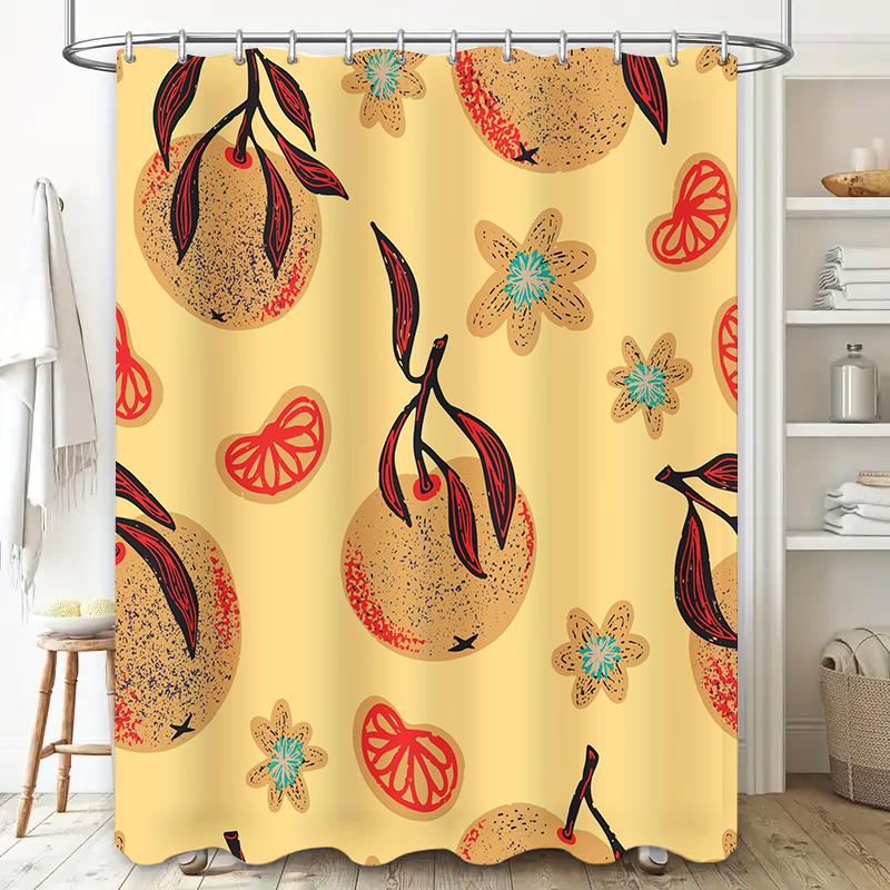 Brightly Colored Orange Floral Shower Curtain For Bathroom Decor Modern Pattern With Red Accents In Yellow Background (Sizew72 X