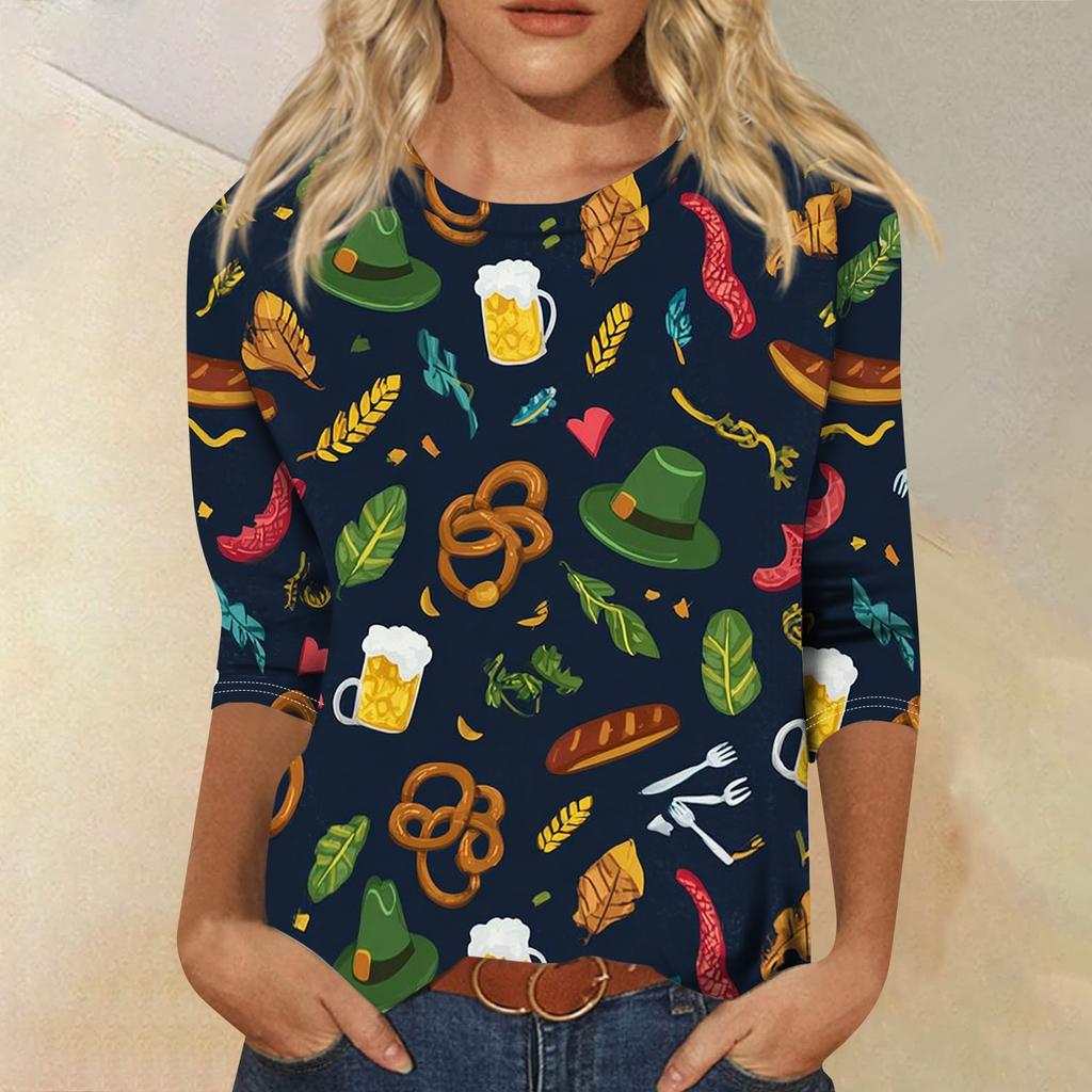 Women’s Casual Crew Neck Three Quarter Sleeve Top with Festival and Snack Print for Everyday Wear and Seasonal Events