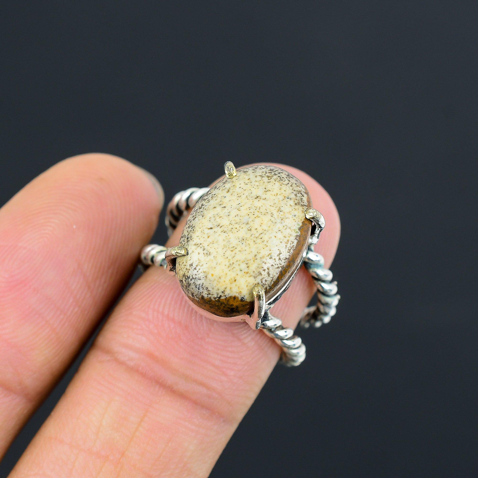 Sisters Day Sale Oval Picture Jasper Stone 925 Silver Promise Ethnic Ring US 7.5 7.5