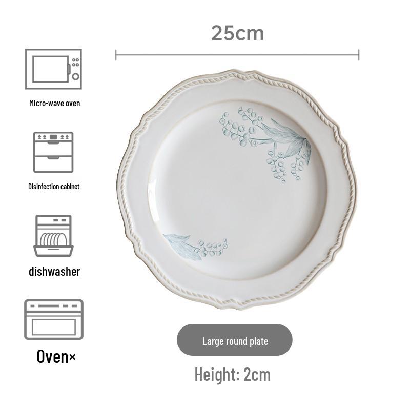 French Retro Lily of the Valley Tableware Set: Ceramic Dinner Plates, Rice Bowls, Steamed Fish Plates, and Household Dish Set.