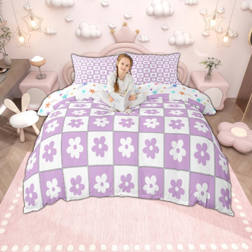 Comforter Homewish Cute Floral Plaid For Girls 2Pcs/3Pcs Kawaii Flower Checkered Bedding Set Cartoon Bedroom Decor