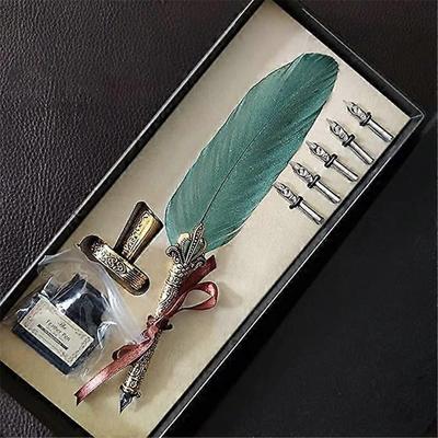 Vintage Feather Pen Set, European Classic Fountain Pen, Antique Peacock Feather Metal Nib Dip Pen