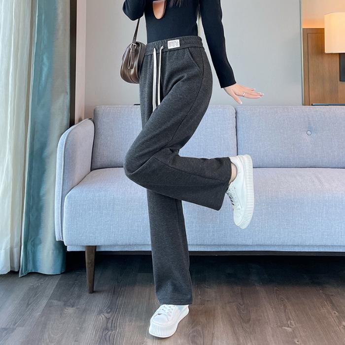 

3D Waist Herringbone Wool Flannel Wide-Leg Pants for Women - Plus Size, Velvet-Lined, Thickened, Straight-Leg, Banana Cut for Autumn/Winter M