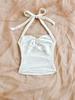 Floral V-Neck Spaghetti Strap Bodycon Tank Top for Vacation, Women's White Knitted with Metal Buckle