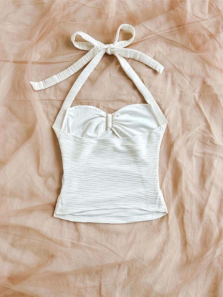 Floral V-Neck Spaghetti Strap Bodycon Tank Top for Vacation, Women's White Knitted with Metal Buckle