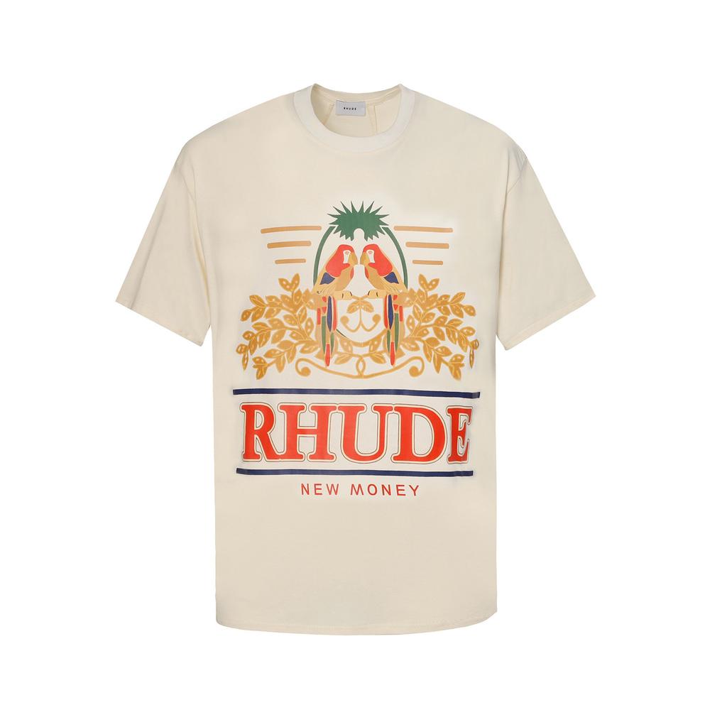 T-shirt a maniche corte 23SS brand di tendenza transfrontaliero europeo e americano RHUDE stampa con lettere di pappagallo spiga di grano uomo e donna high street