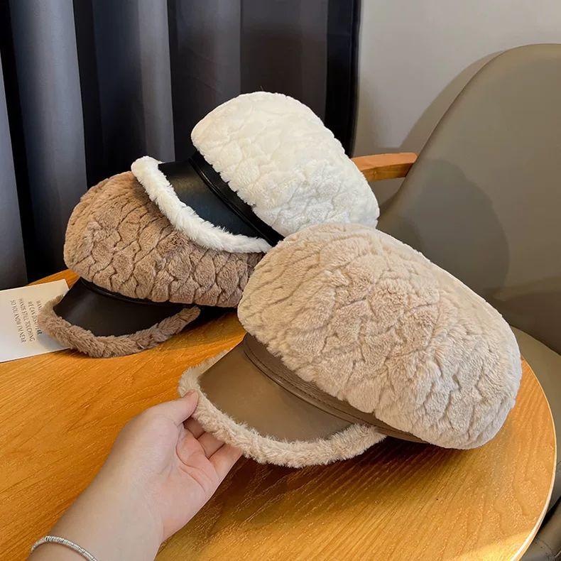 Plush Patchwork Beret Autumn and Winter Retro Fashion Octagonal Hat