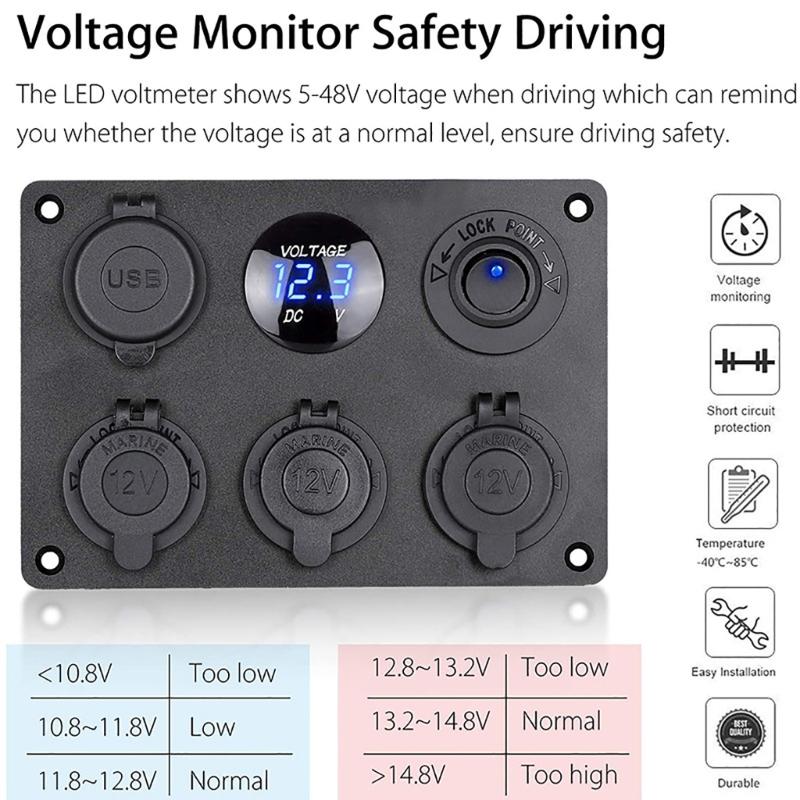 LED Rocker Switch Panel with Digital Voltmeter Dual USB Port 12V Outlet Combination Waterproof On Off Car Marine 6 in 1