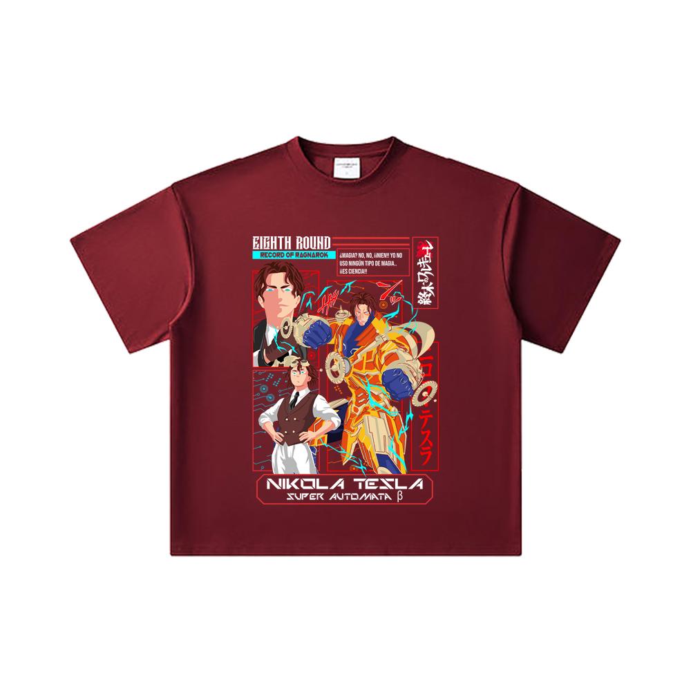 

260 GSM Double Yarn 32 Count 100% Cotton Record of Ragnarok V3 Tesla Print Unisex Heavy Cotton T Shirt 2XL вина червоного кольору