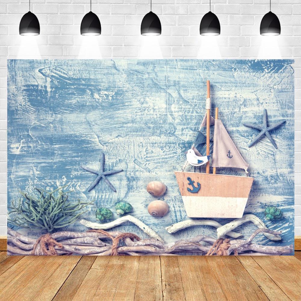 Nautical Theme Baby Party Background for Photography, Sailboat, Boat, Starfish, Wooden Board, Sailor Portrait, Photo Background