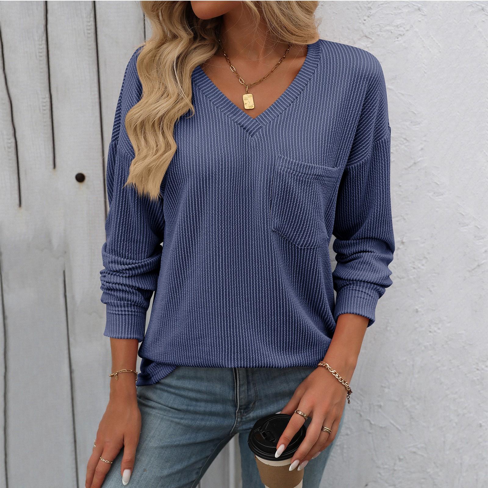 

Женская мода с v-образным вырезом в переплетенной полосе в стиле пэчворк с длинным рукавом и карманом, свободная футболка, топ S