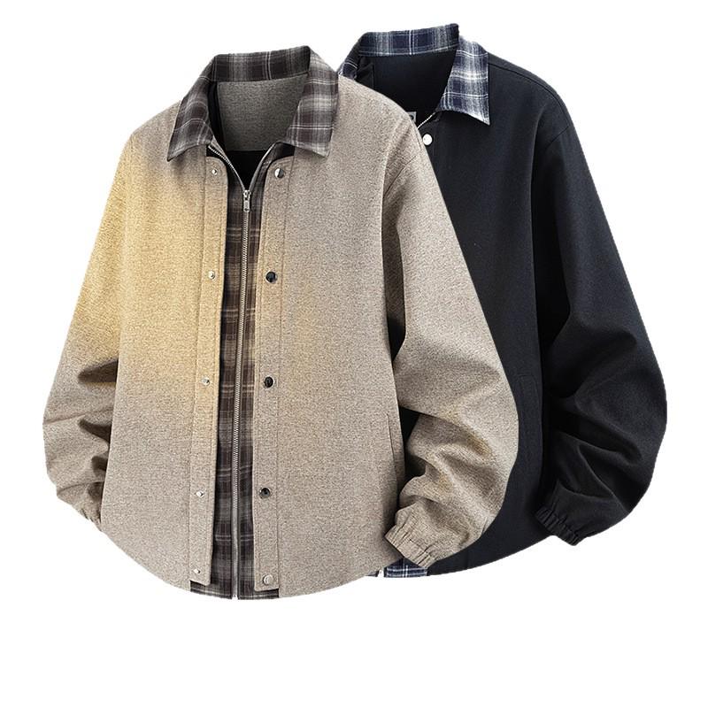 Men's Plaid Patchwork Two-Piece Look Jacket, Spring/Autumn 2026, Plus Size Loose Lapel Outerwear