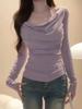 Korea Chic Riemen Plissiert Slim Tops Damen 2024 Sexy U-Boot-Ausschnitt Causal Uni Pullover Elegant Party Blusen Herbst Winter Neu
