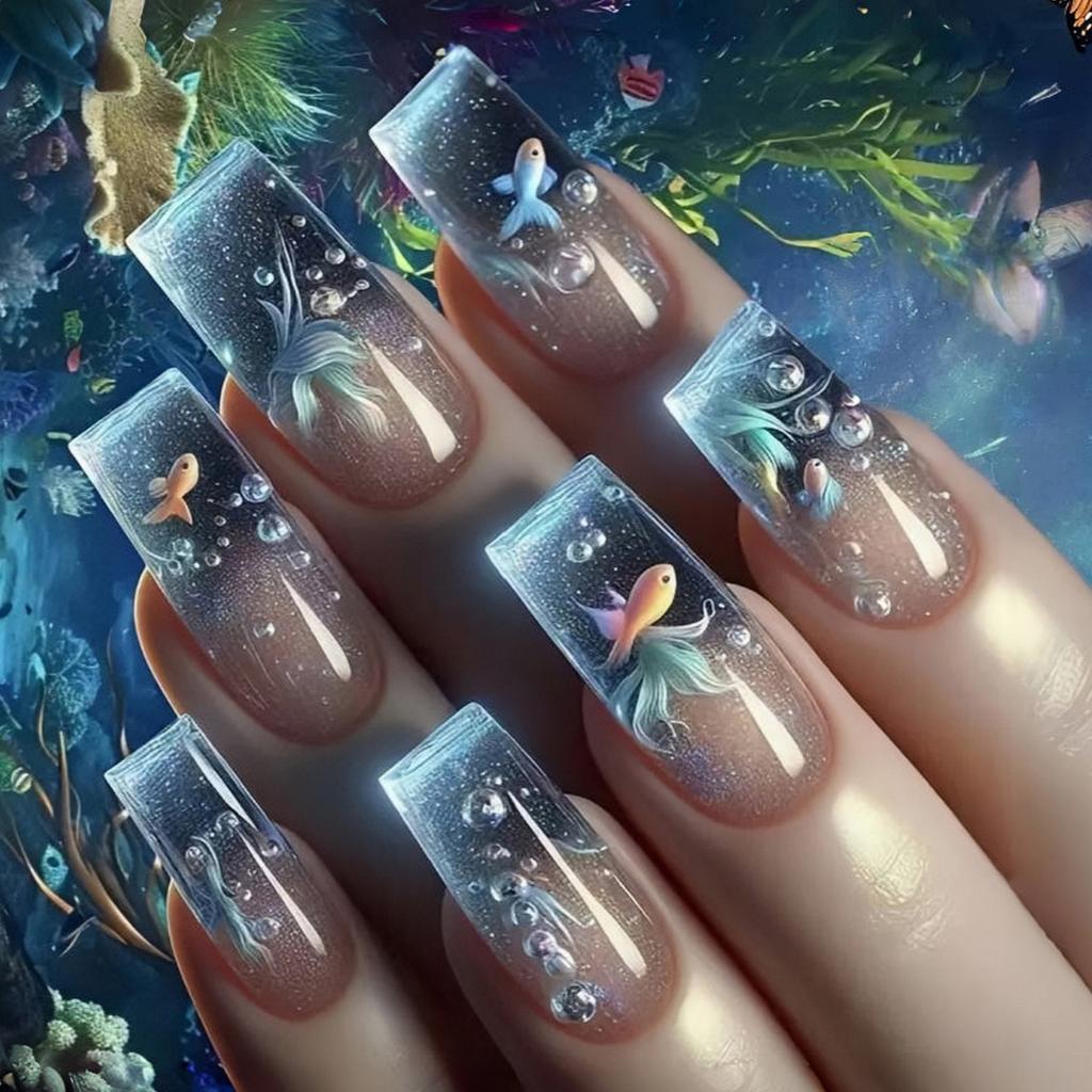 Marine Life Press On Nail 24PCS Blue Dolphins Design Breathable ABS False Nail Comfortable Wear For Parties Weddings Daily Activities