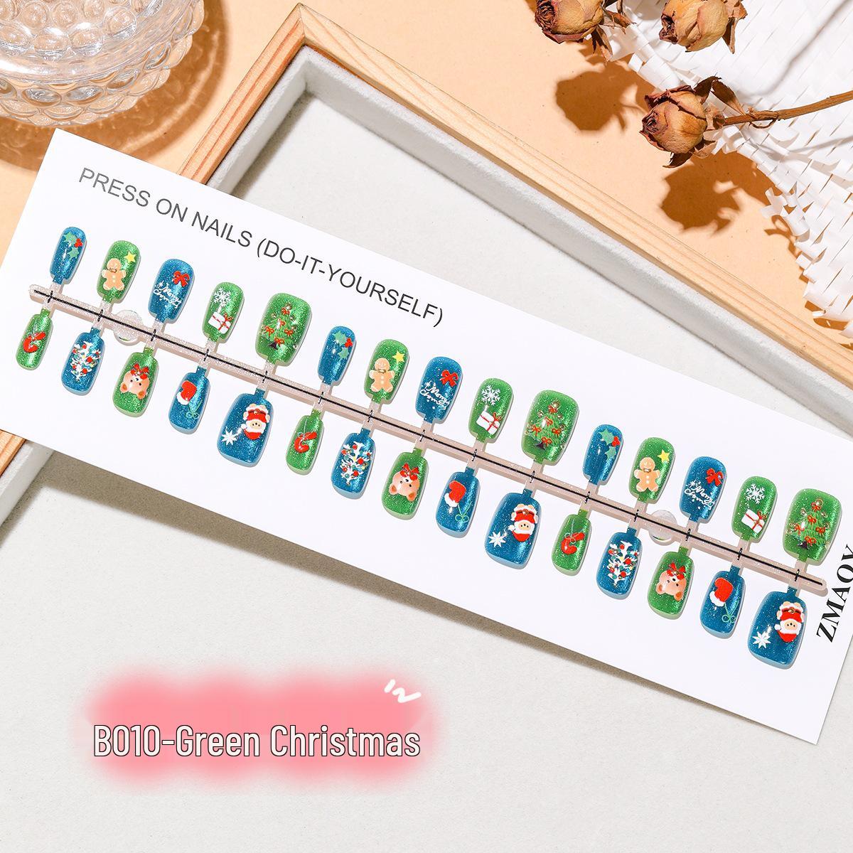 Green Christmas 3D Nail Art Stickers: Little Bear, Gingerbread Man, Santa Claus, Bell, Cat Eye Designs