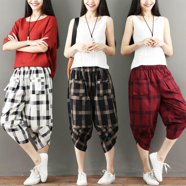 Sommer Baumwolle Leinen Mittellange Hose Damen Karomuster Locker Übergröße Harem Weites Bein Radieschen Leinen Freizeit Cropped Hose