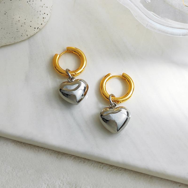 Statement Minimalist Gold Silver Color Mixed Solid Heart Pendant Hoop Earrings Street Style Korean Fashion Jewelry Gift