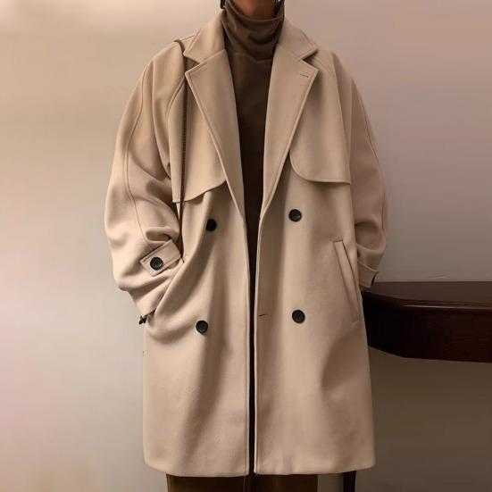 Men Windbreaker Lapel Long Sleeve Double-Breasted Casual Coat Autumn Winter Mid-length Outwear Solid Color Loose Fit Woolen Coat with Pockets